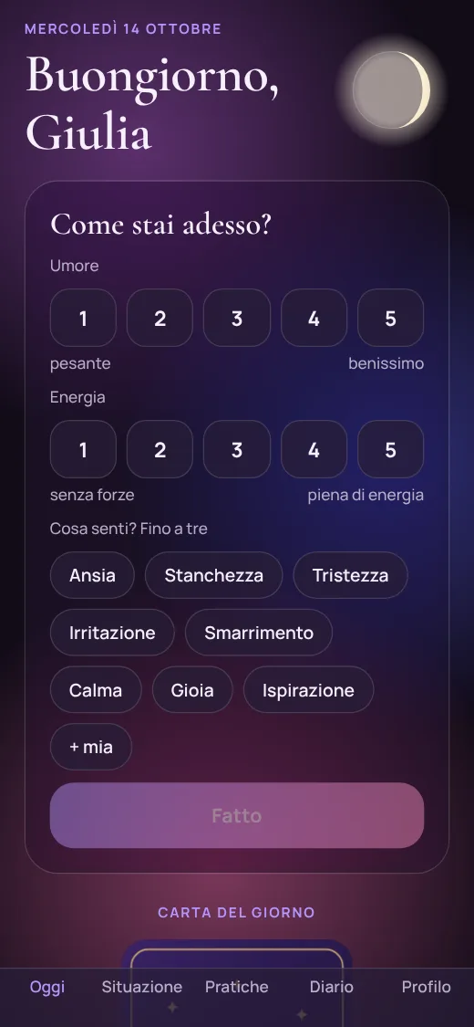 Schermata del check-in: umore, energia e sentimenti